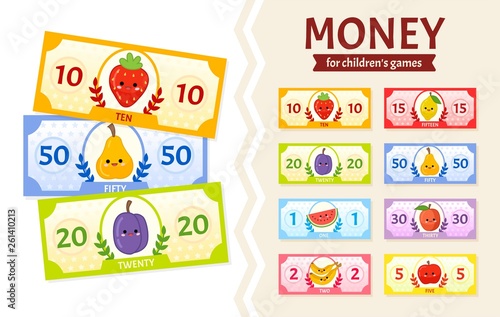 Vector set of paper money for children's games. Cute cartoon fruits. Learning material for kids.