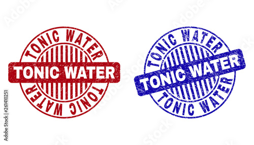 Grunge TONIC WATER round stamp seals isolated on a white background. Round seals with grunge texture in red and blue colors. Vector rubber imprint of TONIC WATER label inside circle form with stripes.