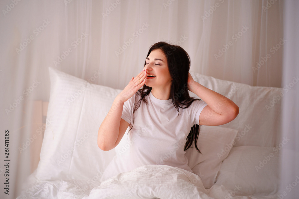 good morning, starting new day, lifestyle concept. Happy woman waking up after good sleeping. Beautiful young girl stretch and relax in bed after wake up morning at bedroom