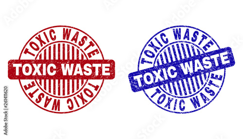Grunge TOXIC WASTE round stamp seals isolated on a white background. Round seals with grunge texture in red and blue colors.