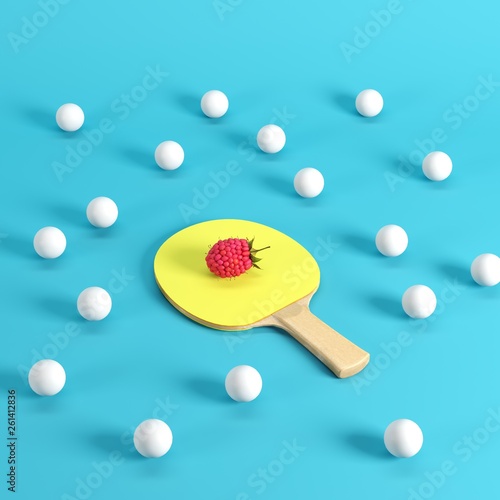 Whole ripe raspberry on ping pong paddle with yellow rubber surrounded by white ping pong balls on blue background. Minimal fruit idea concept.