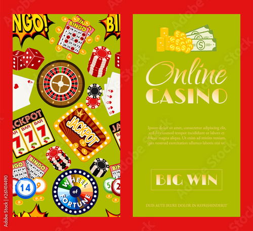 Casino online set of banners vector illustration. Includes roulette, casino chips, playing cards, winning jackpot. Sack of money, credit card, dice, golden coins. Big win.