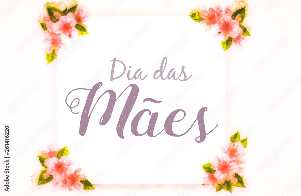 Obraz premium model, with hand-painted flowers, with beautiful flowers. Mother's day card with flower flowers, text in Brazilian Portuguese.