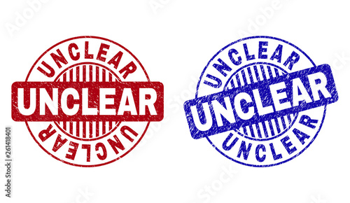 Grunge UNCLEAR round stamp seals isolated on a white background. Round seals with grunge texture in red and blue colors. Vector rubber imprint of UNCLEAR caption inside circle form with stripes.