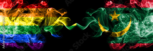 Gay vs Mauritania  Mauritanian smoke flags placed side by side. Thick colored silky smoke flags of Pride and Mauritania  Mauritanian