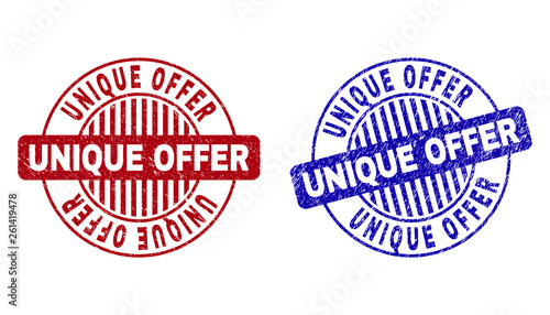 Grunge UNIQUE OFFER round stamp seals isolated on a white background. Round seals with grunge texture in red and blue colors.