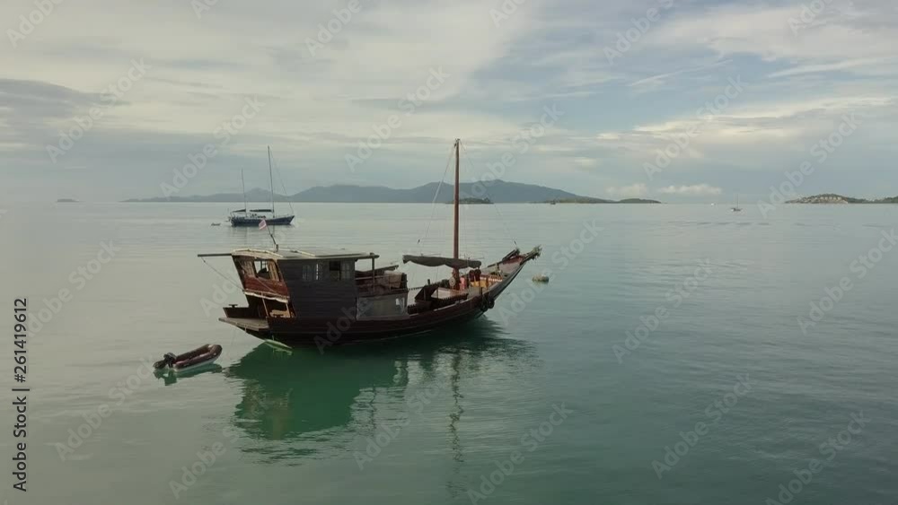 Aerial Scene of Junke Sail Boat Anchored -Koh Samui -Thailand Aerial Scene of Junke Sail Boat Anchored -Koh Samui -Thailand