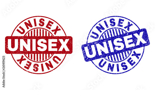 Grunge UNISEX round stamp seals isolated on a white background. Round seals with grunge texture in red and blue colors. Vector rubber imitation of UNISEX label inside circle form with stripes.