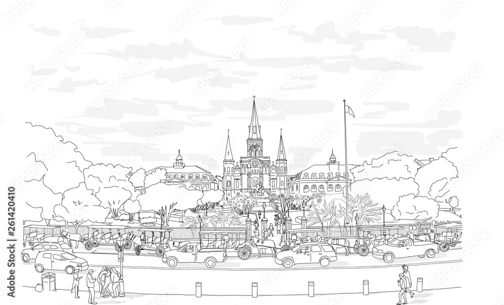 Hand drawn illustration. Jackson Square in the French Quarter in New Orleans on a busy day, with the St. Louis Cathedral rising above the beautiful park.