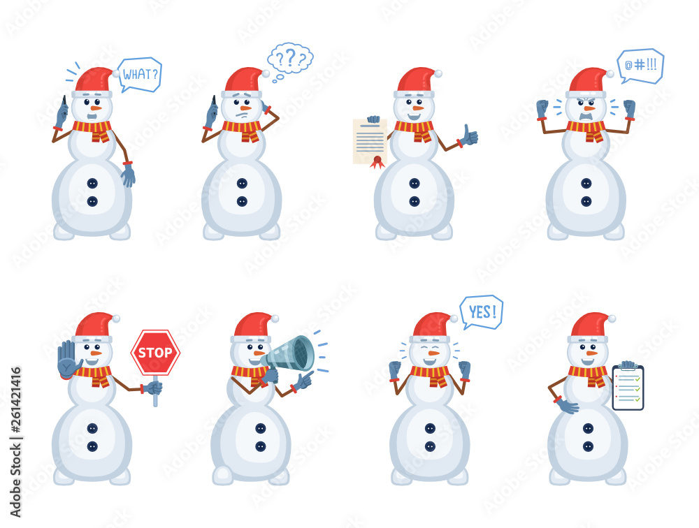 Set of Christmas snowman characters posing in different situations. Cheerful snowman talking on phone, thinking, surprised, angry, holding stop sign, loudspeaker, document. Flat vector illustration