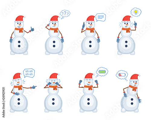 Set of Christmas snowman characters posing in different situations. Cheerful snowman talking on phone, thinking, pointing up, laughing, crying, tired, full of energy. Flat style vector illustration