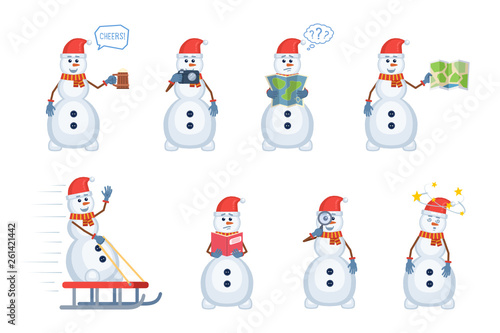 Set of snowman characters posing in different situations. Cheerful snowman holding mug of beer, photo camera, map, magnifying glass, reading a book, riding sleigh. Flat style vector illustration