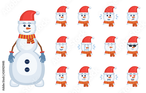 Set of Christmas snowman emoticons. Avatars of a snowman showing different facial expressions. Happy, sad, laugh, angry, tired, shocked, in love and other emotions. Flat style vector illustration