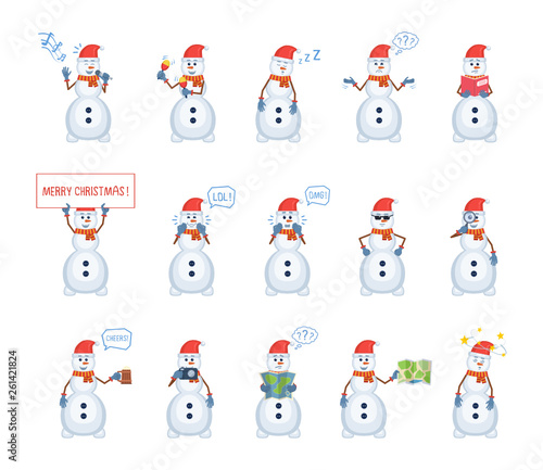 Set of snowman characters showing different actions. Cheerful snowman karaoke singing, dancing, sleeping, holding Christmas banner, reading a book and doing other actions. Flat vector illustration