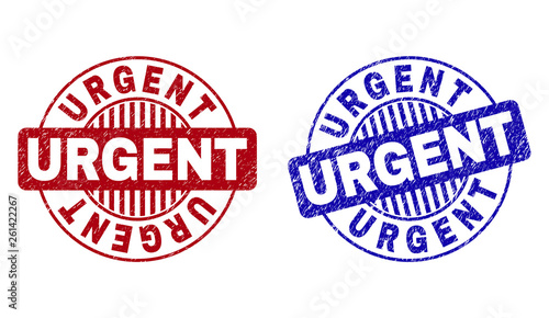 Free Download Grunge URGENT round stamp seals isolated on a white background. Round seals with grunge texture in red and blue colors. Vector rubber imitation of URGENT tag inside circle form with stripes. - GFXLoad