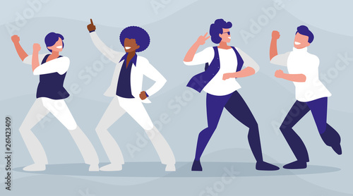 interracial dancers group disco style characters