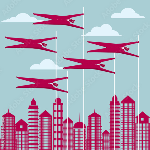 Team concept design. A group of businessmen pole vault. City background.
