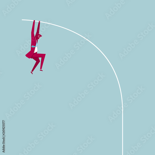 Businessman pole vault. Isolated on blue background.