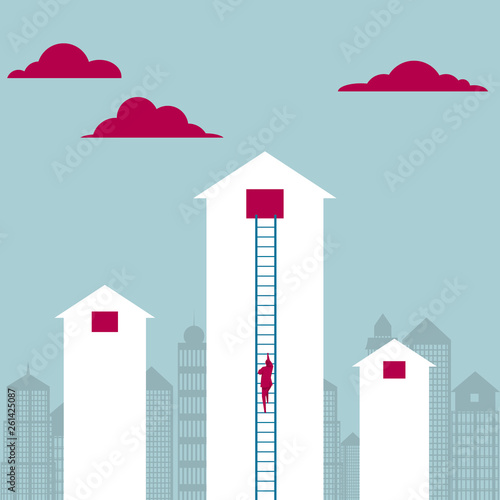 Businessman climbs the house using a ladder. The background is urban construction.