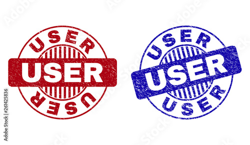Grunge USER round stamp seals isolated on a white background. Round seals with grunge texture in red and blue colors. Vector rubber imprint of USER label inside circle form with stripes.