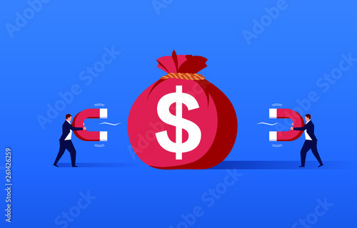 Making money, two businessmen holding magnets sucking money inside big money bag