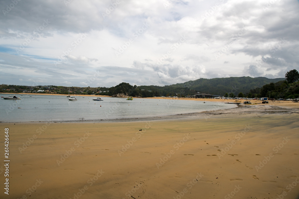 Yachts and boats moored off the golden sands in the bay at Kaiteriteri 