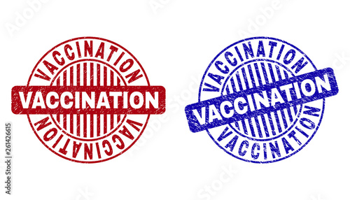 Grunge VACCINATION round stamp seals isolated on a white background. Round seals with grunge texture in red and blue colors.
