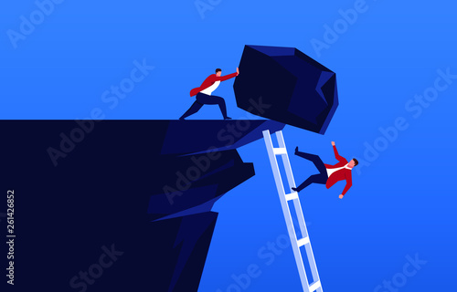 Businessman uses stone to stop companion from climbing to the top