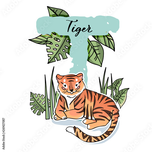 Alphabet letterT  with cute tiger photo