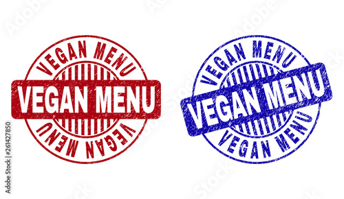 Grunge VEGAN MENU round stamp seals isolated on a white background. Round seals with distress texture in red and blue colors.