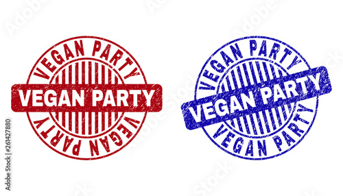 Grunge VEGAN PARTY round stamp seals isolated on a white background. Round seals with grunge texture in red and blue colors. Vector rubber imprint of VEGAN PARTY text inside circle form with stripes.