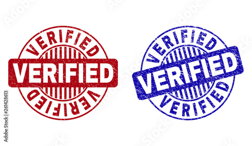 Grunge VERIFIED round stamp seals isolated on a white background. Round seals with grunge texture in red and blue colors. Vector rubber imitation of VERIFIED caption inside circle form with stripes.