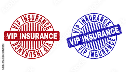 Grunge VIP INSURANCE round stamp seals isolated on a white background. Round seals with distress texture in red and blue colors.