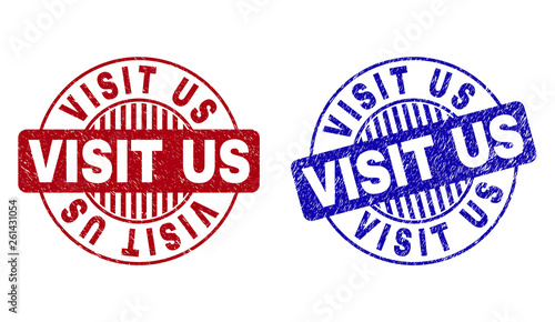 Grunge VISIT US round stamp seals isolated on a white background. Round seals with grunge texture in red and blue colors. Vector rubber imprint of VISIT US tag inside circle form with stripes.