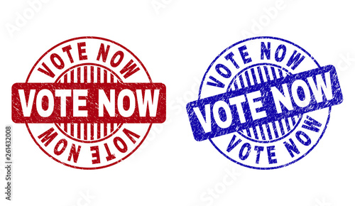 Grunge VOTE NOW round stamp seals isolated on a white background. Round seals with grunge texture in red and blue colors. Vector rubber imprint of VOTE NOW caption inside circle form with stripes.
