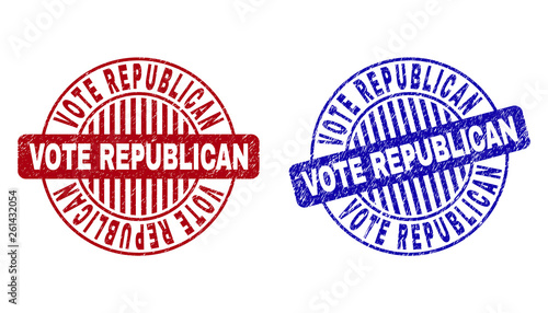 Grunge VOTE REPUBLICAN round stamp seals isolated on a white background. Round seals with grunge texture in red and blue colors.