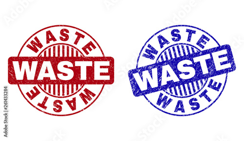 Grunge WASTE round stamp seals isolated on a white background. Round seals with grunge texture in red and blue colors. Vector rubber imitation of WASTE title inside circle form with stripes.