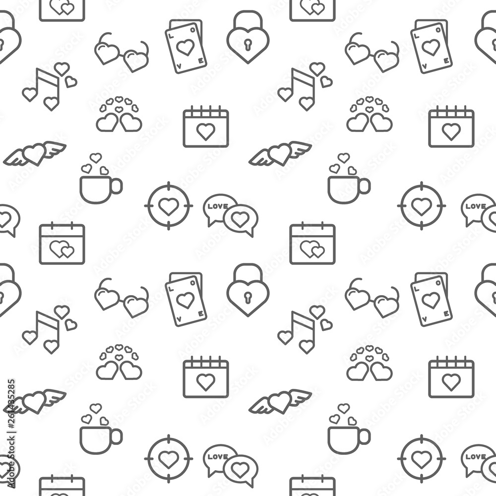Love icons seamless pattern grey vector on white background. Collection Of lock, heart shape, heart, sunglasses, musical note, And Other Elements. 