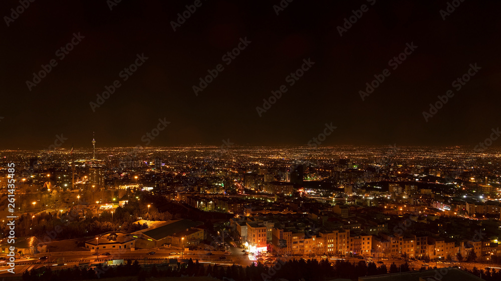Tehran at night. A panoramic view of Tehran, the capital city of Iran. View from Northern hills over the city towards South.