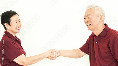 Asian senior couple happy together expression white background