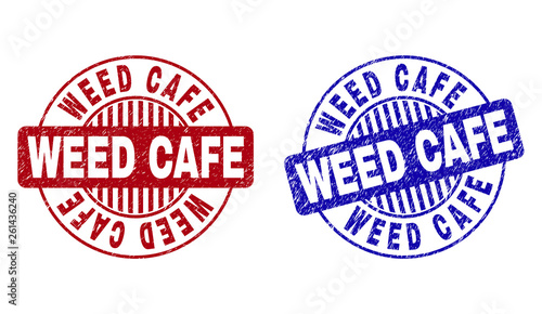 Grunge WEED CAFE round stamp seals isolated on a white background. Round seals with grunge texture in red and blue colors. Vector rubber imitation of WEED CAFE text inside circle form with stripes.