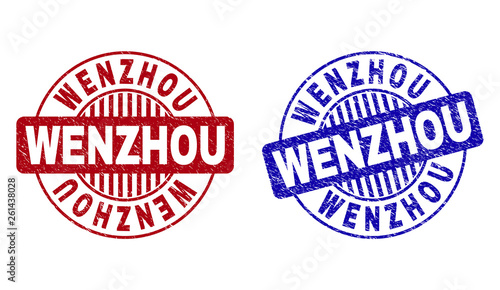 Grunge WENZHOU round stamp seals isolated on a white background. Round seals with grunge texture in red and blue colors. Vector rubber imprint of WENZHOU title inside circle form with stripes.