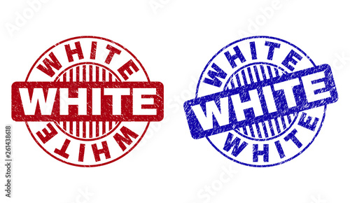 Grunge WHITE round stamp seals isolated on a white background. Round seals with grunge texture in red and blue colors. Vector rubber imprint of WHITE caption inside circle form with stripes.