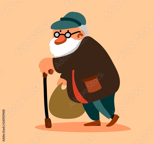 Old man with white beard walking with cane and bag. Vector modern illustration 