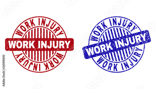 Grunge WORK INJURY round stamp seals isolated on a white background. Round seals with grunge texture in red and blue colors. Vector rubber imprint of WORK INJURY label inside circle form with stripes.