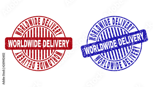 Grunge WORLDWIDE DELIVERY round stamp seals isolated on a white background. Round seals with grunge texture in red and blue colors.