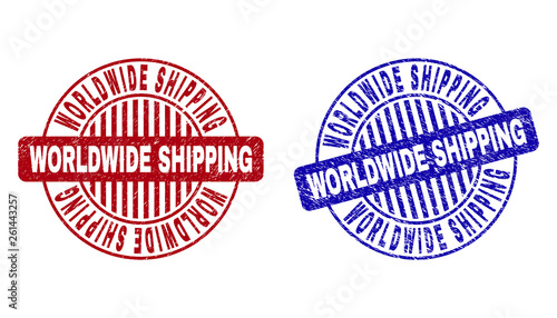 Grunge WORLDWIDE SHIPPING round stamp seals isolated on a white background. Round seals with grunge texture in red and blue colors.