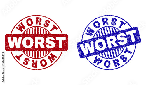 Grunge WORST round stamp seals isolated on a white background. Round seals with distress texture in red and blue colors. Vector rubber imprint of WORST title inside circle form with stripes.