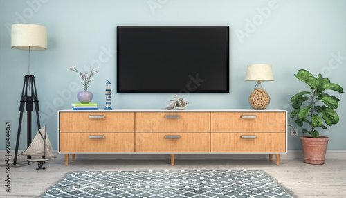 3d Illustration - Skandinavisches, nordisches Wohnzimmer mit einem Sideboard und Flatscreen - Textfreiraum - Platzhalter