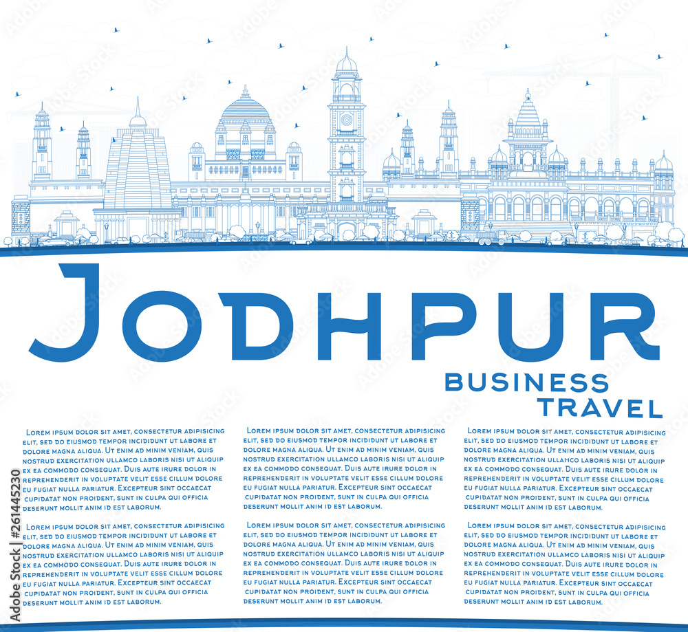 Outline Jodhpur India City Skyline with Blue Buildings and Copy Space.